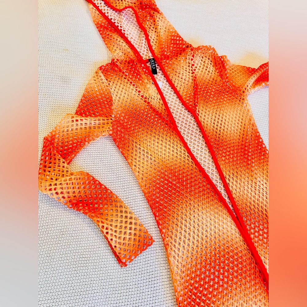 AKIRA Orange & Yellow Open Mesh Swim Coverup Long Maxi Dress w Hood Hooded Robe - Picture 6 of 16